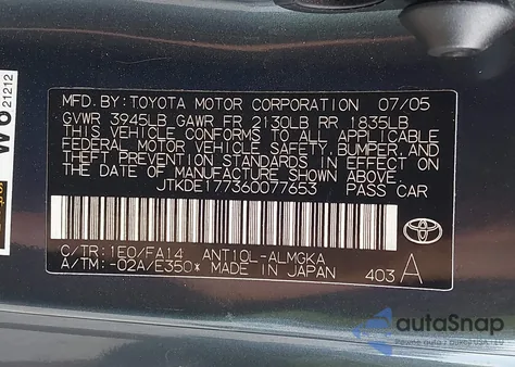 2006 Scion Tc from USA, damaged, VIN JTKDE177360077653